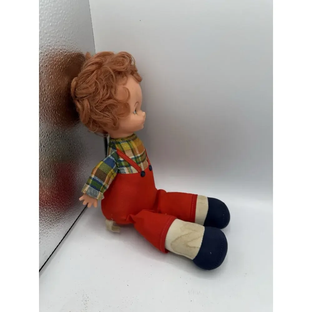 Vintage 1970s NASCO Cloth Body Doll Red Overalls Plaid Shirt Needs TLC